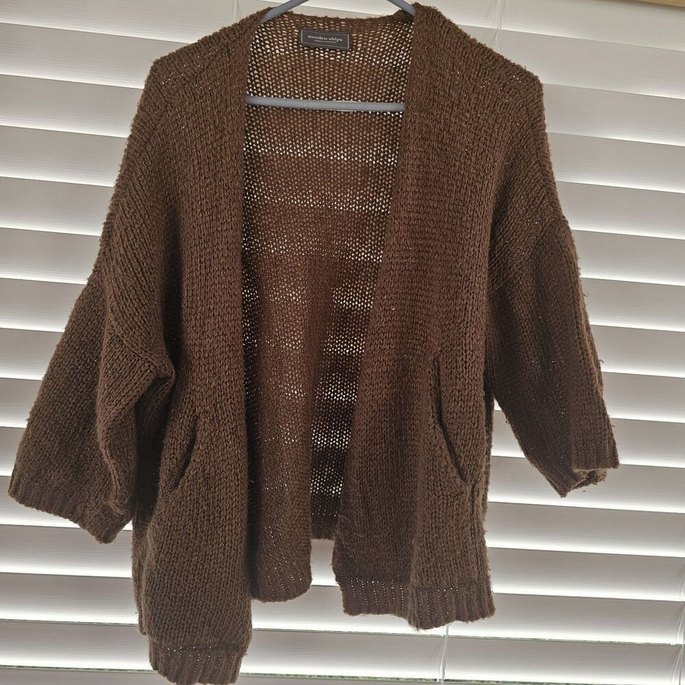 Wooden Ships Brown Open Front Half Sleeve Cardigan Crochet Women's Size X/S